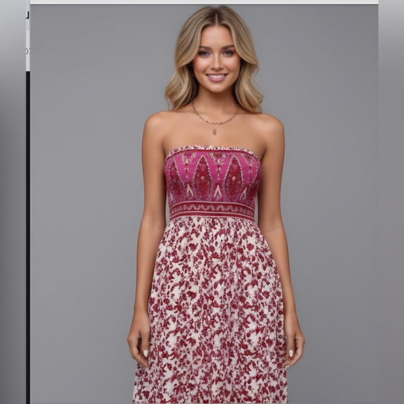 Red/Pink  Boho Floral Print Tube Dress - Picture 2 of 9